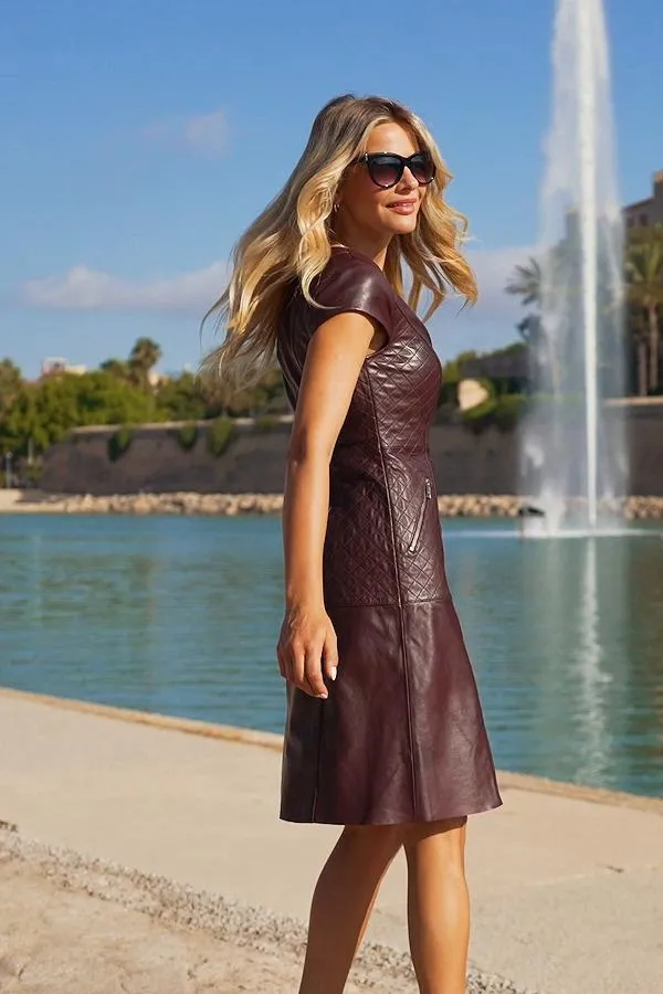 Sosandar Dresses Women Burgundy Leather Quilt Detail Zip Front Fit and Flare Dress Burgundy