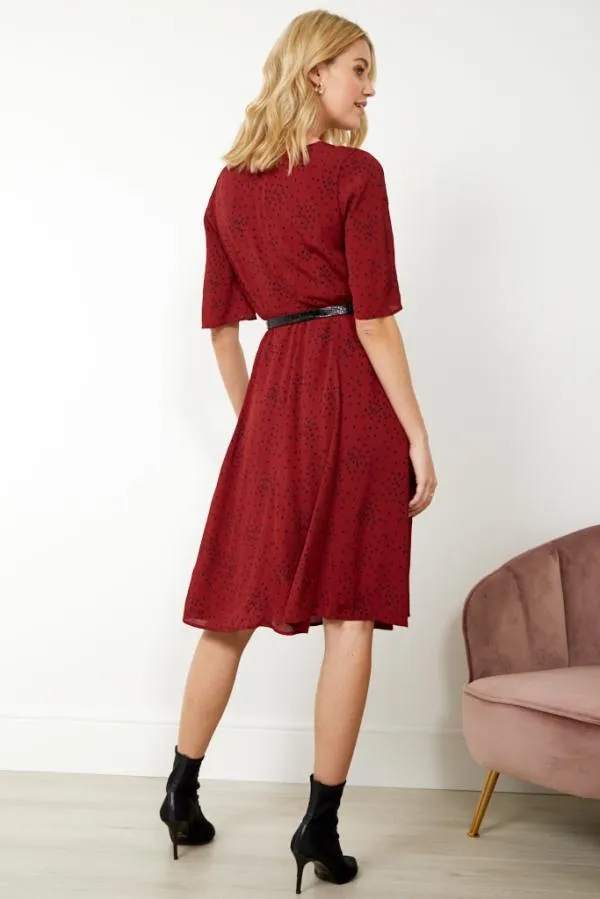 Sosandar Dresses Women Burgundy Spot Print V Neck Dress Burgundy