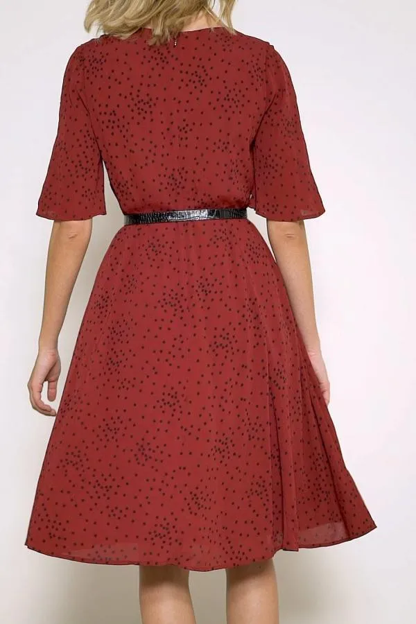 Sosandar Dresses Women Burgundy Spot Print V Neck Dress Burgundy