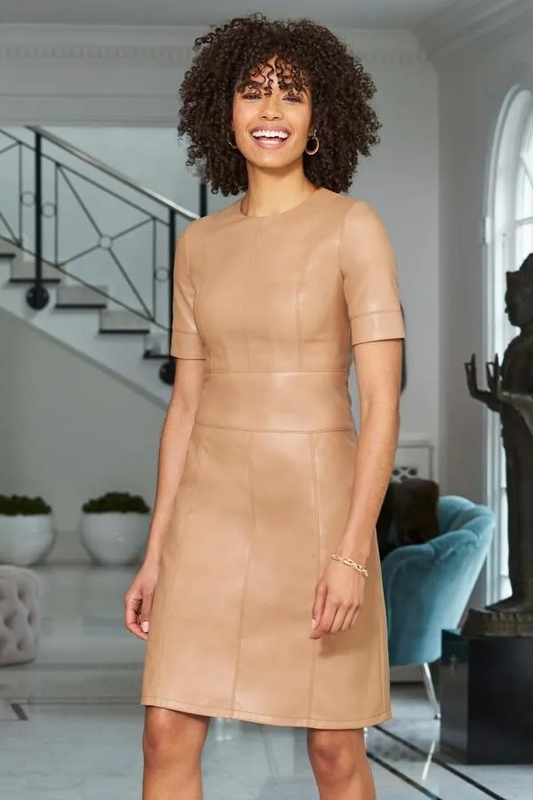 Sosandar Dresses Women Camel Leather Look Panelled Shift Dress Camel