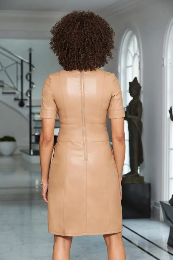 Sosandar Dresses Women Camel Leather Look Panelled Shift Dress Camel