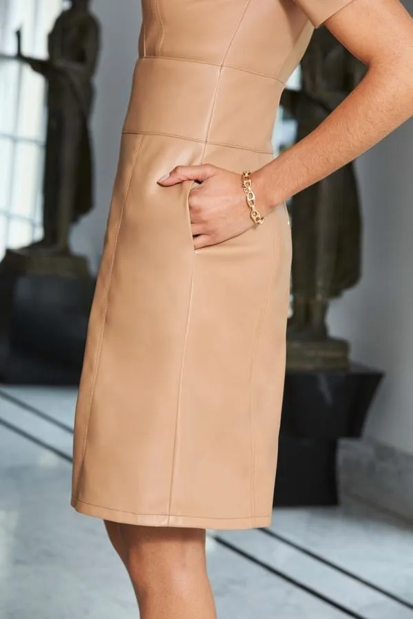 Sosandar Dresses Women Camel Leather Look Panelled Shift Dress Camel