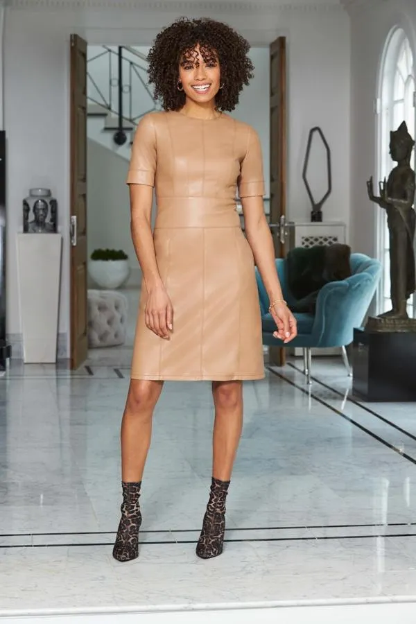 Sosandar Dresses Women Camel Leather Look Panelled Shift Dress Camel