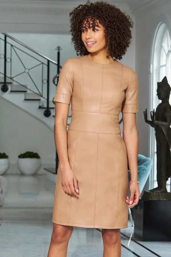 Sosandar Dresses Women Camel Leather Look Panelled Shift Dress Camel