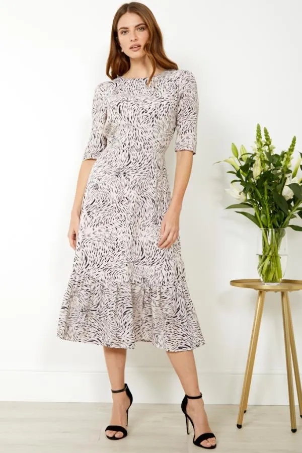 Sosandar Dresses Women Cream and Black Animal Print Tie Back Midi Dress Cream Black