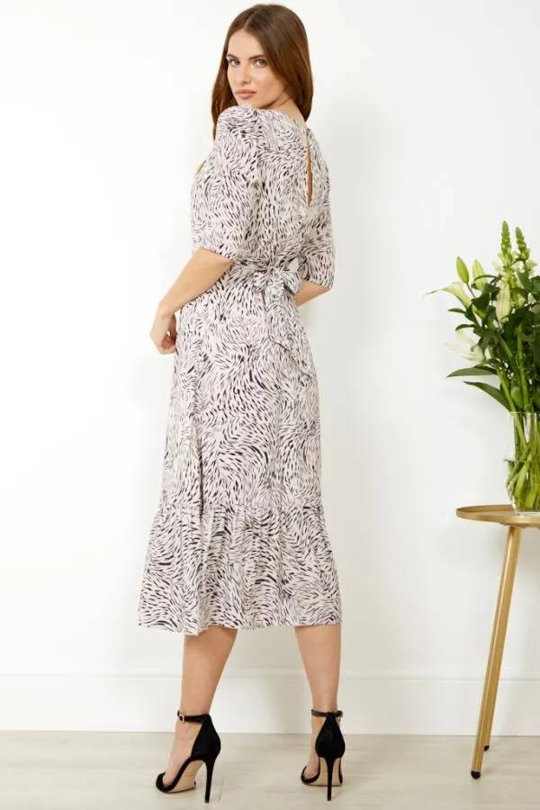 Sosandar Dresses Women Cream and Black Animal Print Tie Back Midi Dress Cream Black