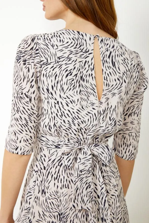 Sosandar Dresses Women Cream and Black Animal Print Tie Back Midi Dress Cream Black