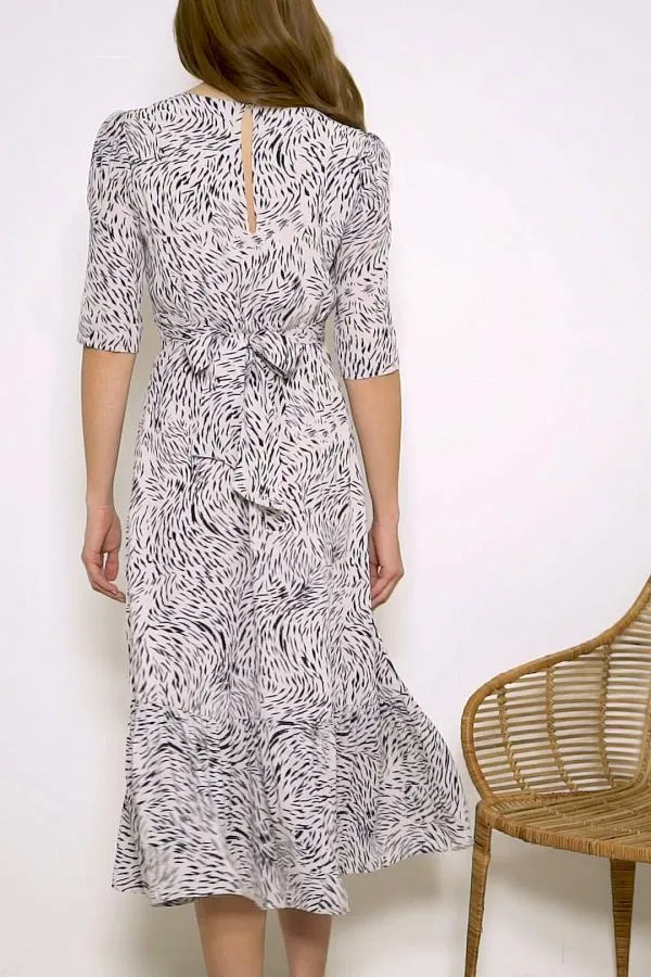 Sosandar Dresses Women Cream and Black Animal Print Tie Back Midi Dress Cream Black