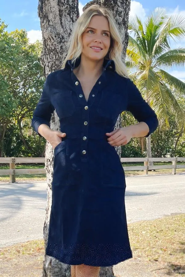 Sosandar Dresses Women Dark Indigo Popper Front 34 Sleeve Stretch Denim Dress Dark Indigo