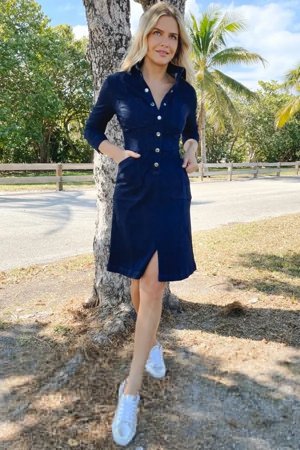 Sosandar Dresses Women Dark Indigo Popper Front 34 Sleeve Stretch Denim Dress Dark Indigo