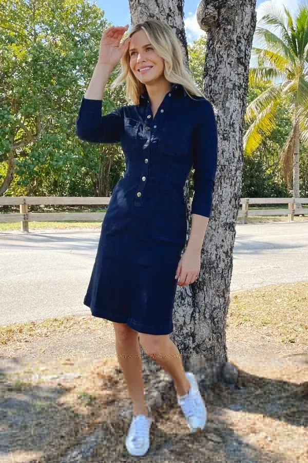 Sosandar Dresses Women Dark Indigo Popper Front 34 Sleeve Stretch Denim Dress Dark Indigo