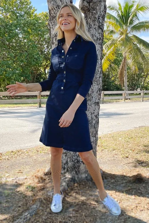 Sosandar Dresses Women Dark Indigo Popper Front 34 Sleeve Stretch Denim Dress Dark Indigo