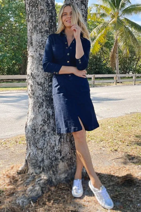 Sosandar Dresses Women Dark Indigo Popper Front 34 Sleeve Stretch Denim Dress Dark Indigo