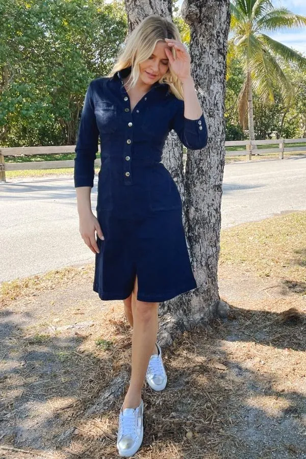 Sosandar Dresses Women Dark Indigo Popper Front 34 Sleeve Stretch Denim Dress Dark Indigo