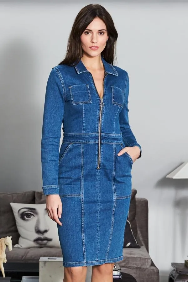 Sosandar Dresses Women Indigo Blue Zip Front Denim Pencil Dress With Pockets Indigo Blue Sosandar Dresses Women Indigo Blue Zip Front Denim Pencil Dress With Pockets Indigo Blue