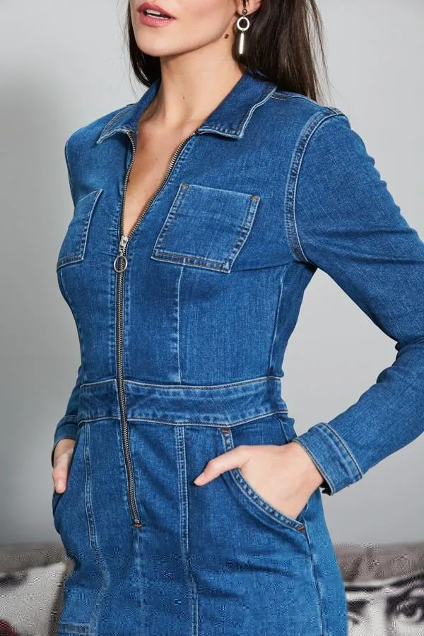 Sosandar Dresses Women Indigo Blue Zip Front Denim Pencil Dress With Pockets Indigo Blue