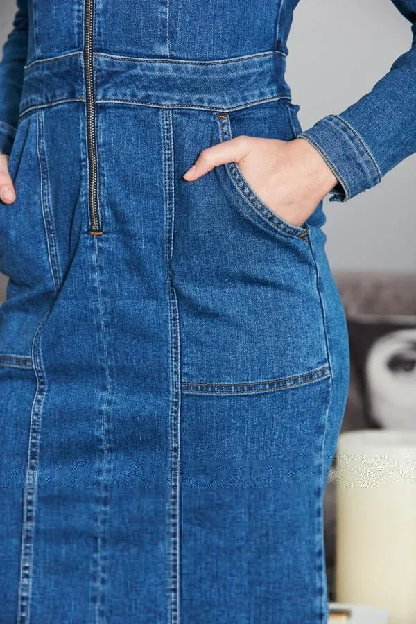 Sosandar Dresses Women Indigo Blue Zip Front Denim Pencil Dress With Pockets Indigo Blue
