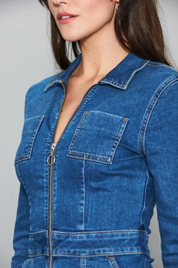 Sosandar Dresses Women Indigo Blue Zip Front Denim Pencil Dress With Pockets Indigo Blue