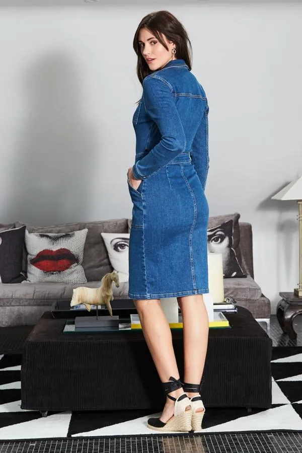 Sosandar Dresses Women Indigo Blue Zip Front Denim Pencil Dress With Pockets Indigo Blue