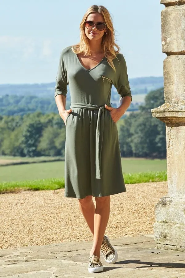 Sosandar Dresses Women Khaki Zip Detail Belted Jersey Dress With Pockets Khaki