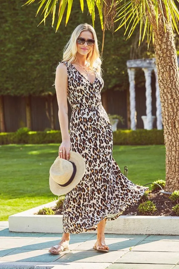Sosandar Dresses Women Leopard Print Tie Shoulder Maxi Dress