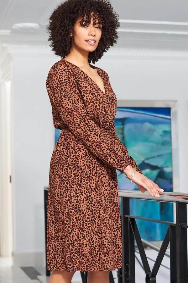 Sosandar Dresses Women Leopard Print V Neck Stretch Waist Dress