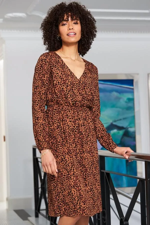 Sosandar Dresses Women Leopard Print V Neck Stretch Waist Dress