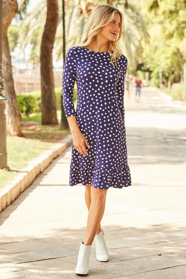 Sosandar Dresses Women Navy and White Spot Print Ruched Sleeve Shift Dress Navy White