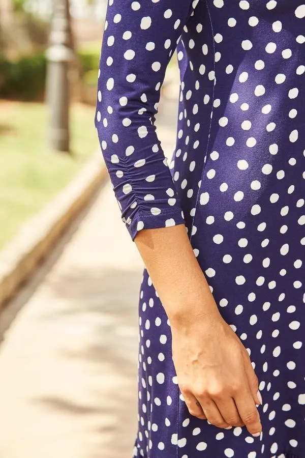 Sosandar Dresses Women Navy and White Spot Print Ruched Sleeve Shift Dress Navy White