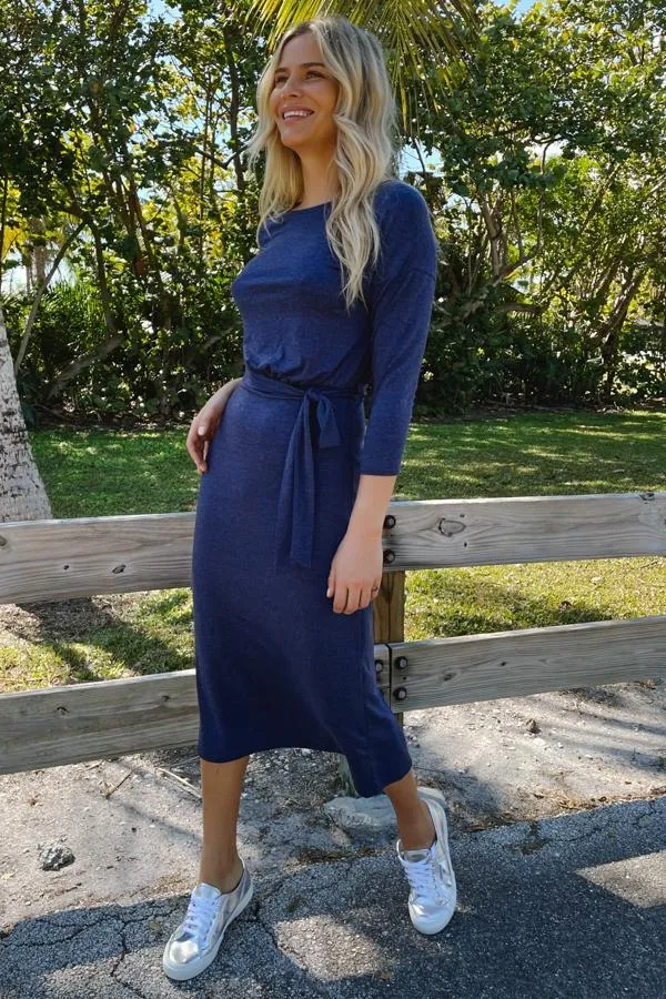 Sosandar Dresses Women Navy Blue Marl Jersey Belted Midi Dress Navy Blue