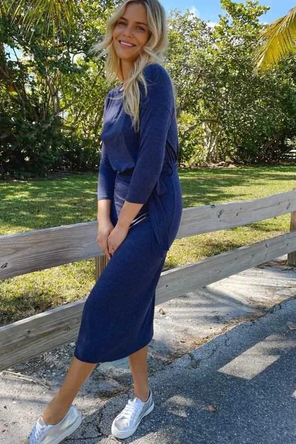 Sosandar Dresses Women Navy Blue Marl Jersey Belted Midi Dress Navy Blue