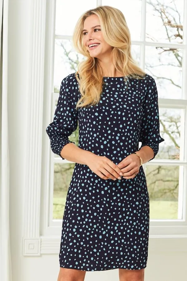 Sosandar Dresses Women Navy Blue Spot Print Ruched Sleeve Shift Dress Navy Blue Sosandar Dresses Women Navy Blue Spot Print Ruched Sleeve Shift Dress Navy Blue