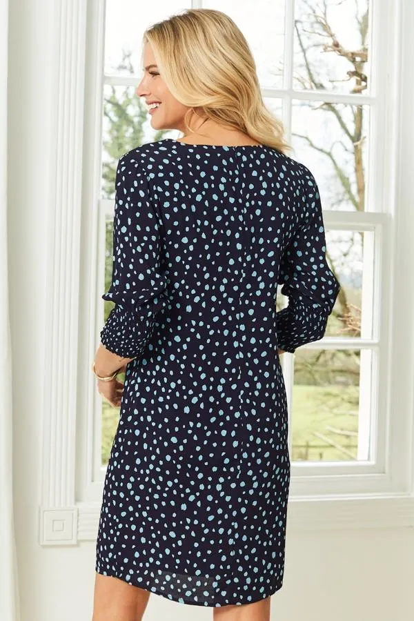 Sosandar Dresses Women Navy Blue Spot Print Ruched Sleeve Shift Dress Navy Blue