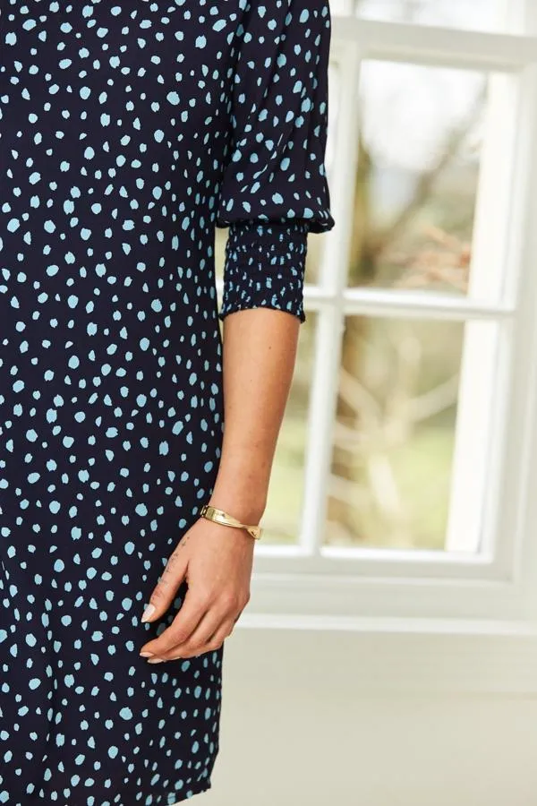 Sosandar Dresses Women Navy Blue Spot Print Ruched Sleeve Shift Dress Navy Blue