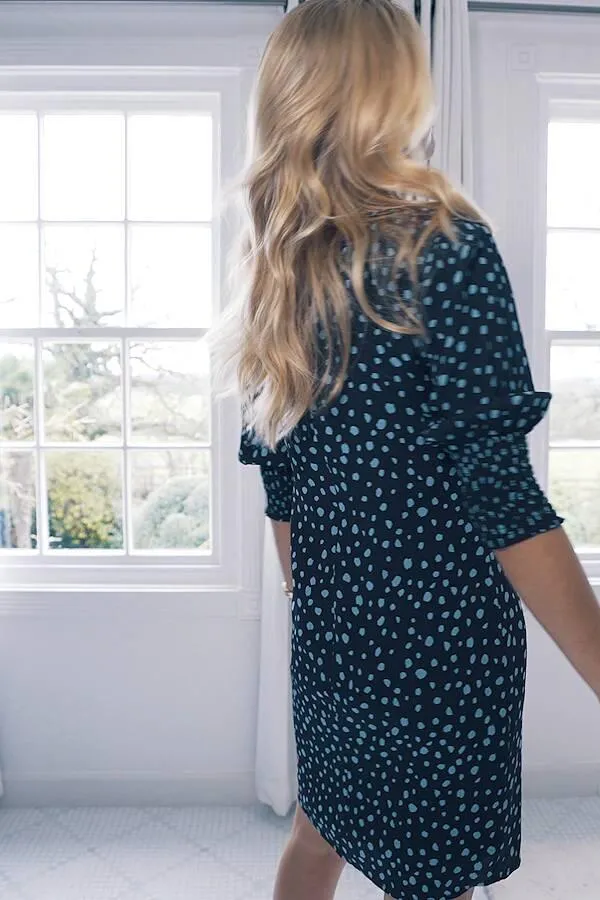 Sosandar Dresses Women Navy Blue Spot Print Ruched Sleeve Shift Dress Navy Blue