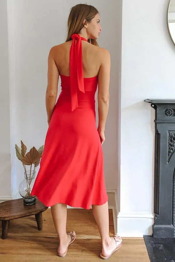 Sosandar Dresses Women Red Cross Front Halterneck Super Soft Jersey Dress Red