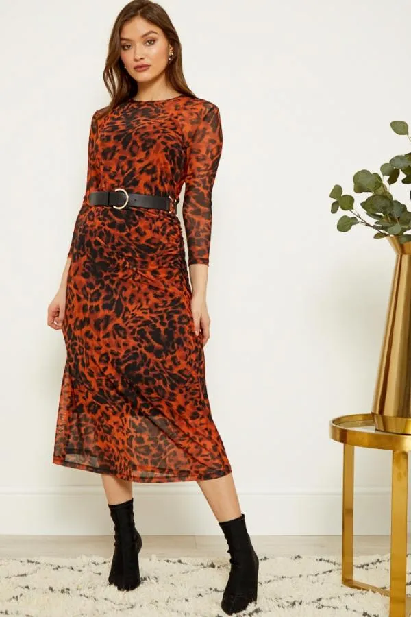 Sosandar Dresses Women Rust Leopard Print Mesh Dress