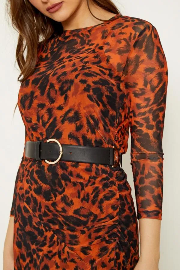 Sosandar Dresses Women Rust Leopard Print Mesh Dress