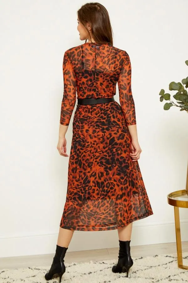 Sosandar Dresses Women Rust Leopard Print Mesh Dress