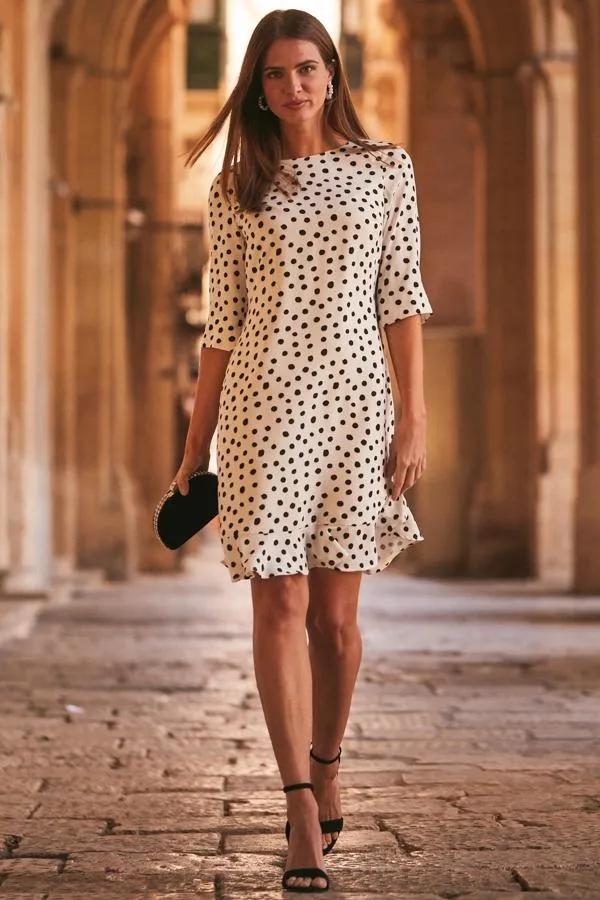 Sosandar Dresses Women White and Black Spot Print Ruffle Hem Shift Dress White Black Sosandar Dresses Women White and Black Spot Print Ruffle Hem Shift Dress White Black