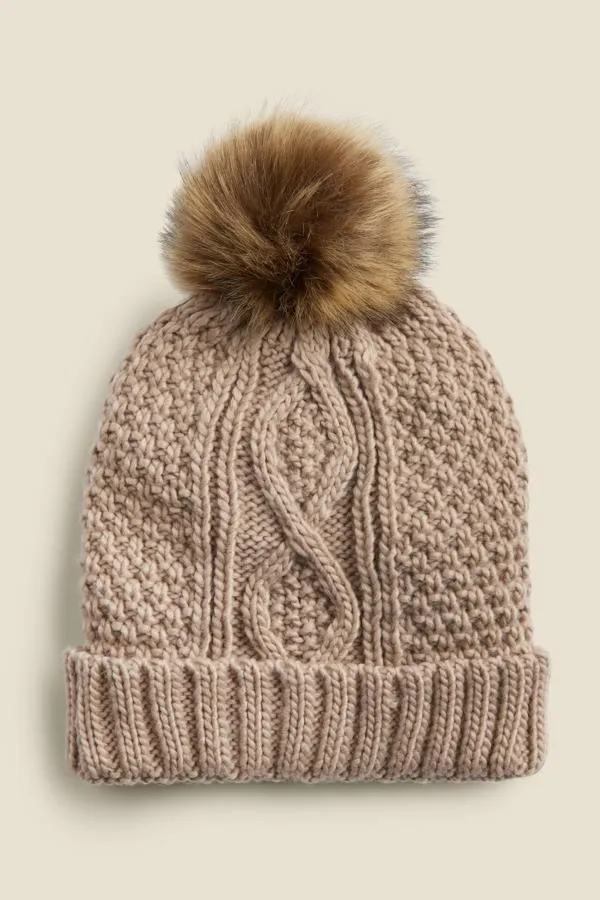 Sosandar Hats Scarves and Gloves Women Kelly Stone Cable Knit Pom Pom Hat