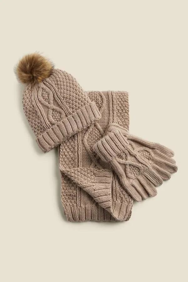 Sosandar Hats Scarves and Gloves Women Kelly Stone Cable Knit Pom Pom Hat