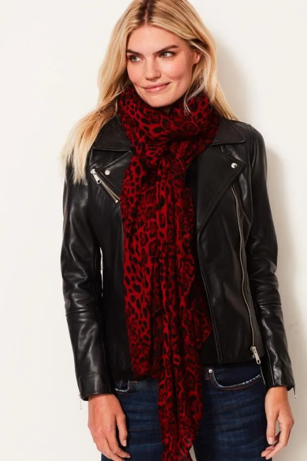 Sosandar Hats Scarves and Gloves Women Red Leopard Print Scarf Red
