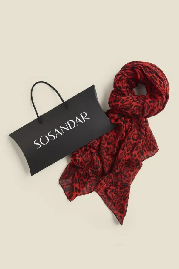 Sosandar Hats Scarves and Gloves Women Red Leopard Print Scarf Red