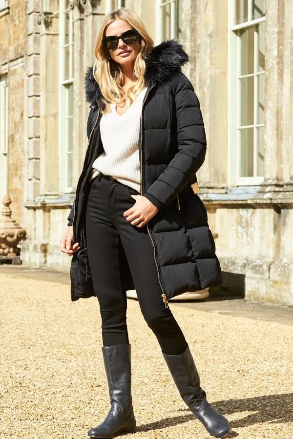 Sosandar Jackets and Coats Women Black Faux Fur Trim Luxe Longline Padded Coat Black