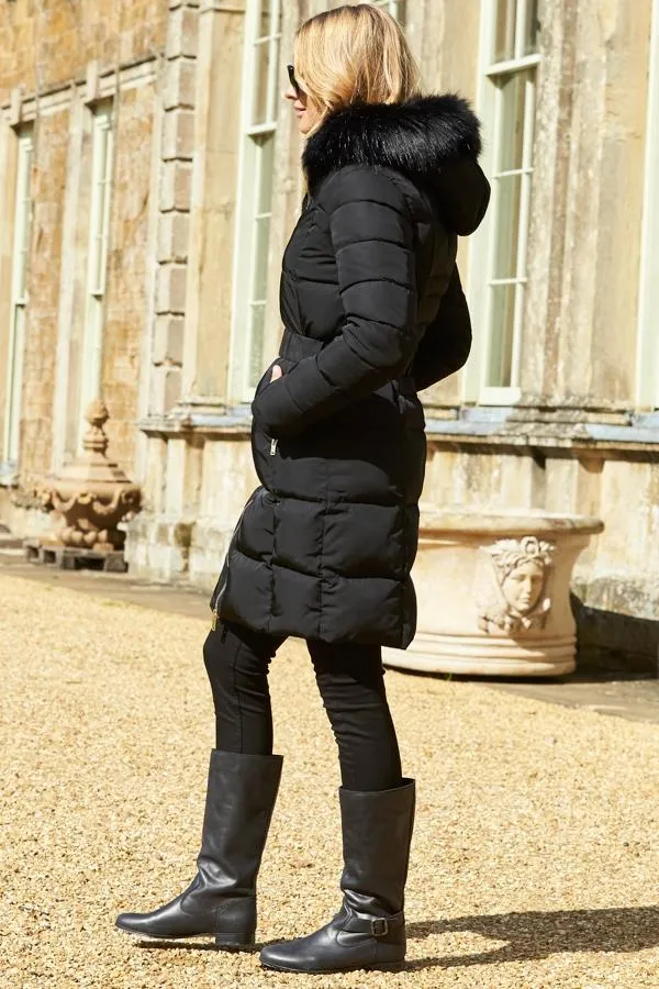 Sosandar Jackets and Coats Women Black Faux Fur Trim Luxe Longline Padded Coat Black