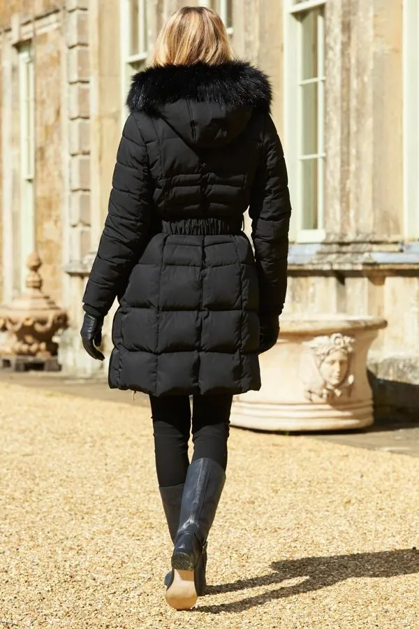 Sosandar Jackets and Coats Women Black Faux Fur Trim Luxe Longline Padded Coat Black
