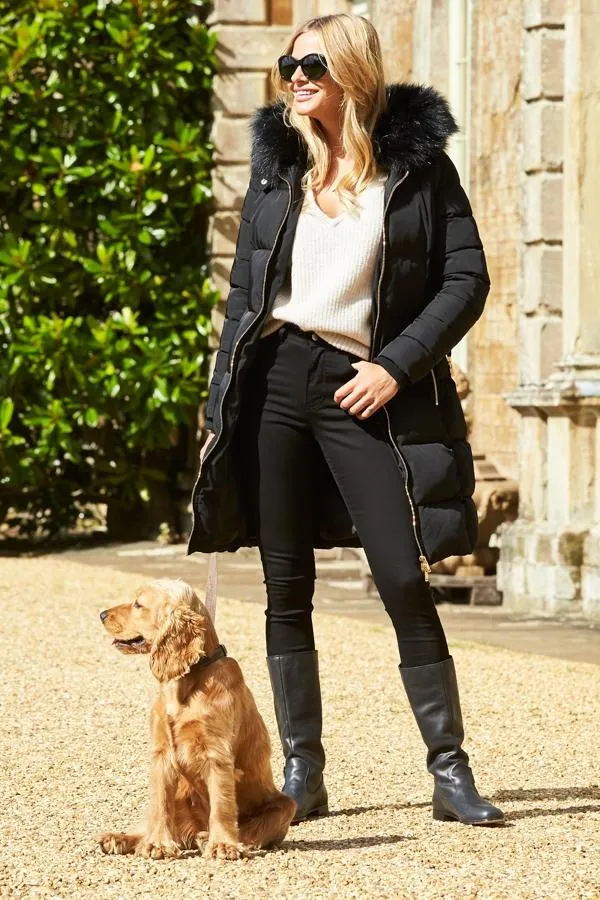 Sosandar Jackets and Coats Women Black Faux Fur Trim Luxe Longline Padded Coat Black