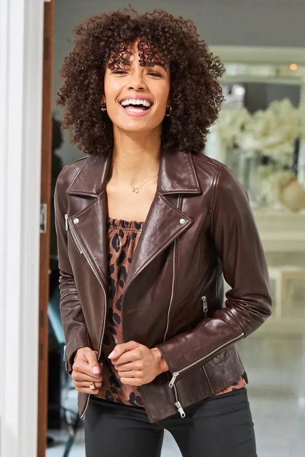 Sosandar Jackets and Coats Women Chocolate Brown Leather Biker Jacket Chocolate Brown