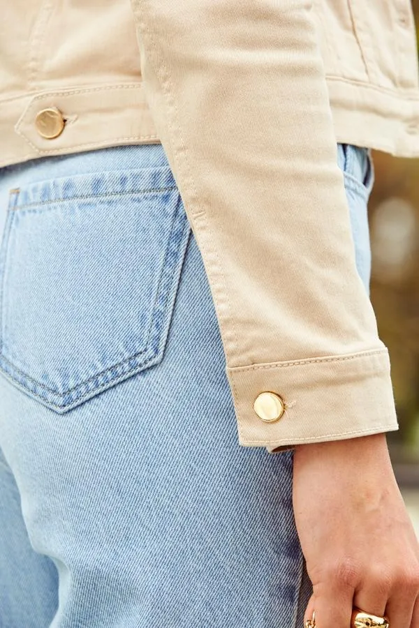 Sosandar Jackets and Coats Women Ecru Denim Jacket With Gold Button Detail